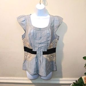 Anthropologie Floreat Cream Embroidered Slate Blue Flutter Sleeved Blouse